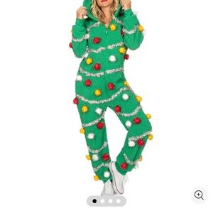 Tipsy Elves Green Jumpsuit with Colorful Pom-Poms